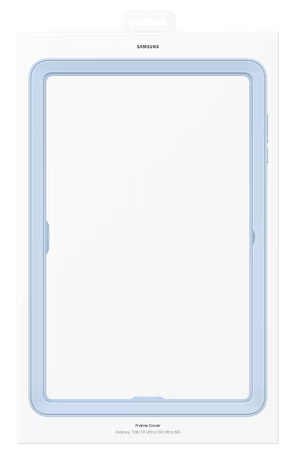 Jasnoniebieska osłona ramy tabletu Samsung w białym opakowaniu. Pudełko jest prostokątne i ma logo Samsung na górze.