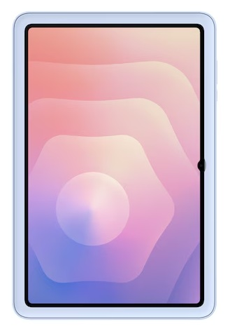 Tablet z kolorowym ekranem w odcieniach różu, pomarańczy i fioletu. Ma jasnoniebieską ramkę i czarną obwódkę.