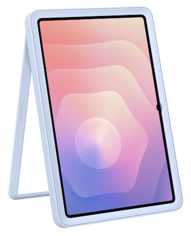 Tablet w jasnoniebieskim stojaku. Ekran wyświetla gradient różu, fioletu i błękitu. Tło jest białe.