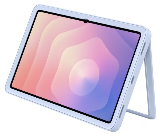 Jasnoniebieski tablet z gradientowym ekranem, wsparty na podstawce. Ekran wyświetla kolorowy, abstrakcyjny wzór. Tablet jest ustawiony pod kątem.