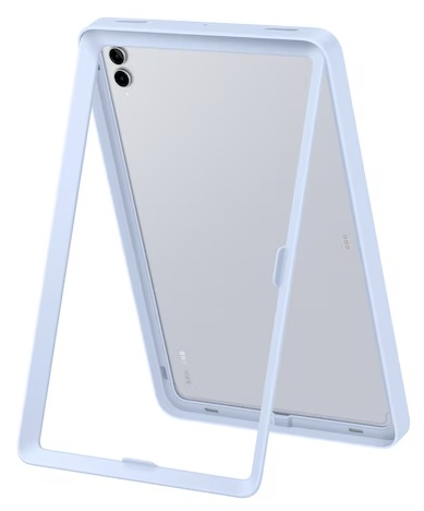 Jasnoniebieskie etui na tablet z otwartą ramką, prezentujące tablet. Tablet ma dwa aparaty z tyłu i logo Samsung.