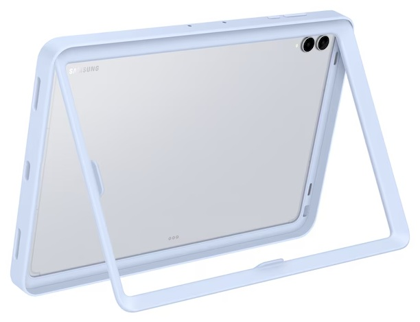 Jasnoniebieski tablet z etui ochronnym. Tablet jest widoczny przez przezroczysty ekran. Widoczne jest logo Samsung.