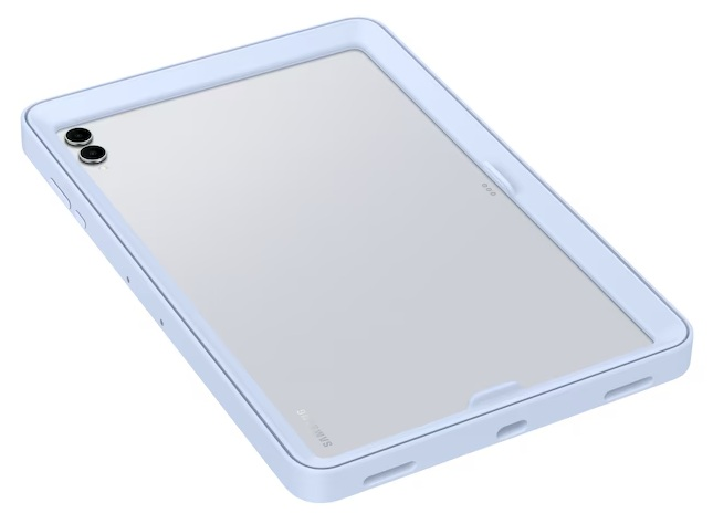 Jasnoniebieski tablet z etui ochronnym. Posiada dwa aparaty i logo Samsung. Ekran jest widoczny.