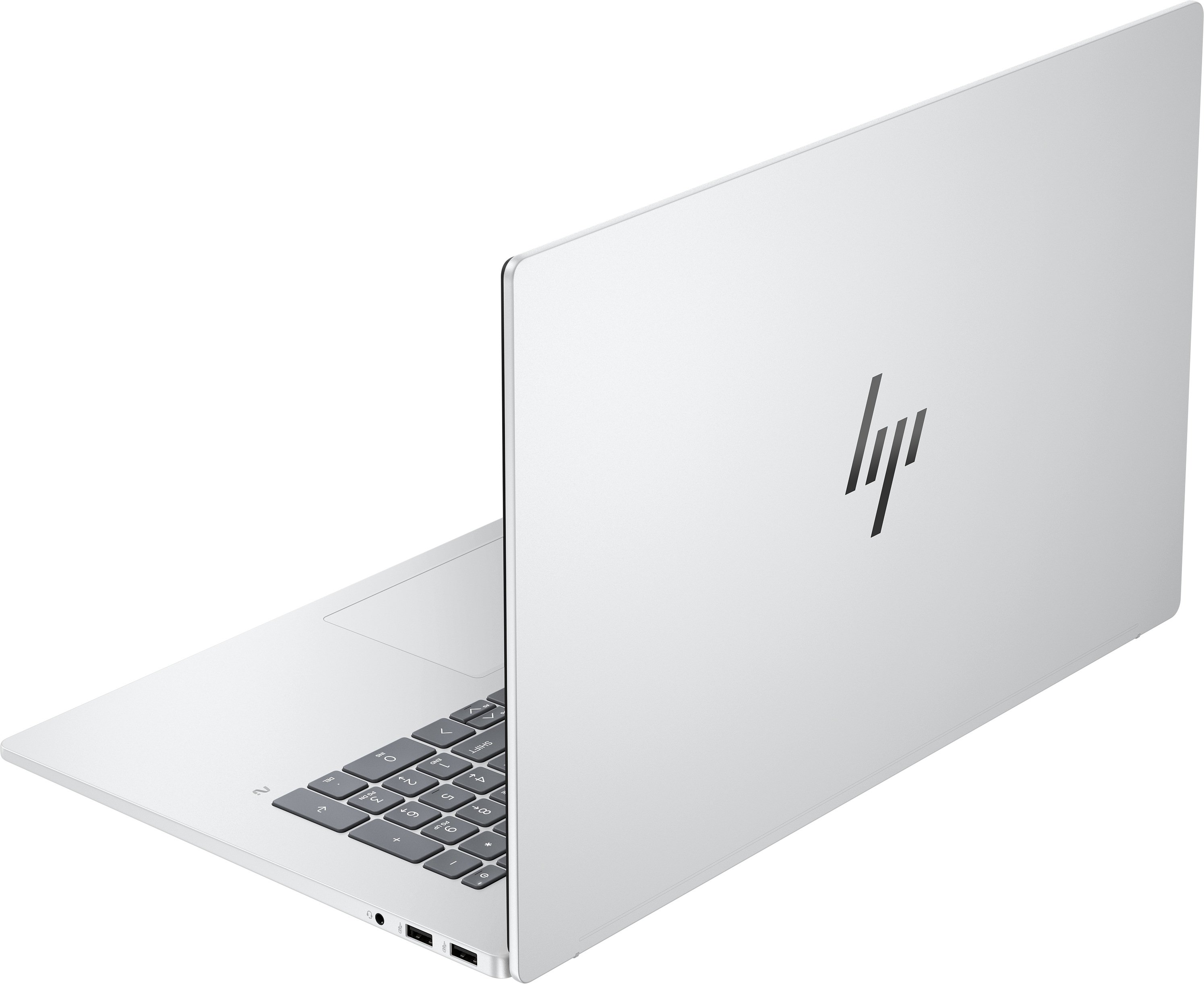 Un laptop bianco con il logo HP sul coperchio. Tastiera visibile, parzialmente aperta, mostra tasti e porte.