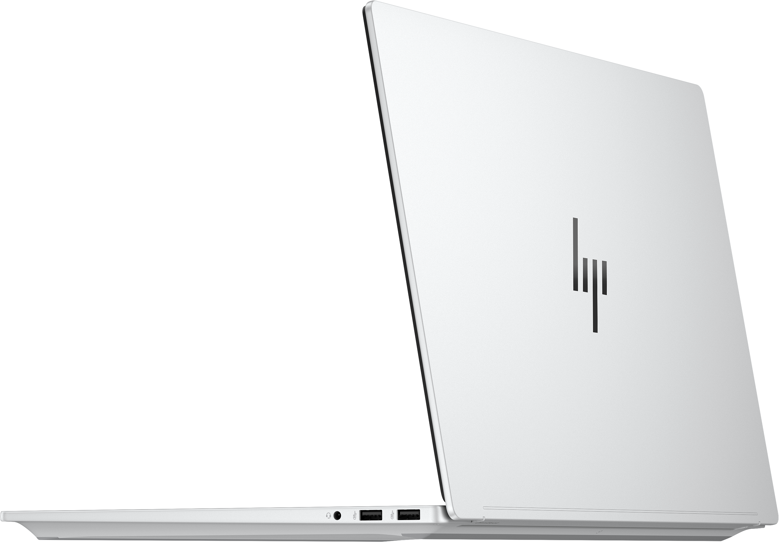 Un laptop bianco è aperto con il logo HP visibile. Lo sfondo è nero.