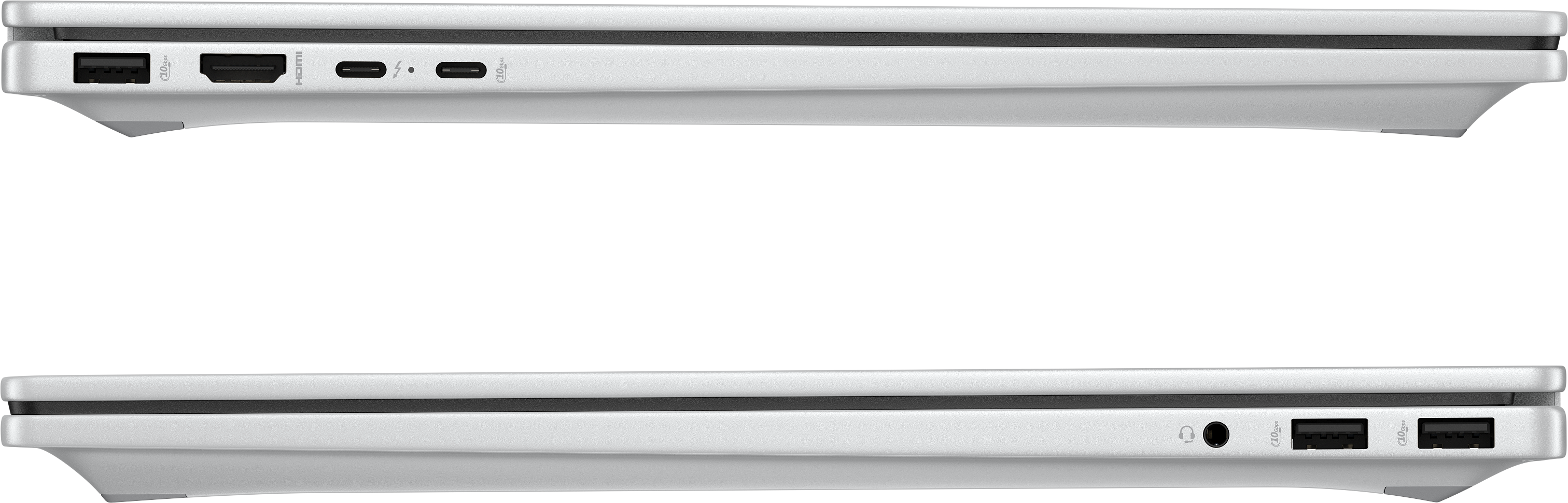 Vista laterale di un laptop argentato con porte: USB, HDMI, Thunderbolt, jack audio e porte USB aggiuntive. Sfondo nero.