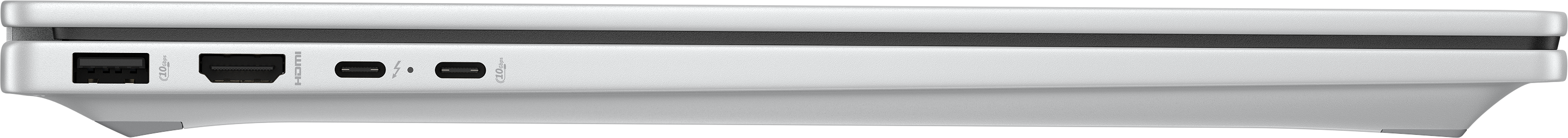 Un dispositivo argentato con porte: USB, Ethernet, HDMI e Thunderbolt. Una striscia nera in alto.