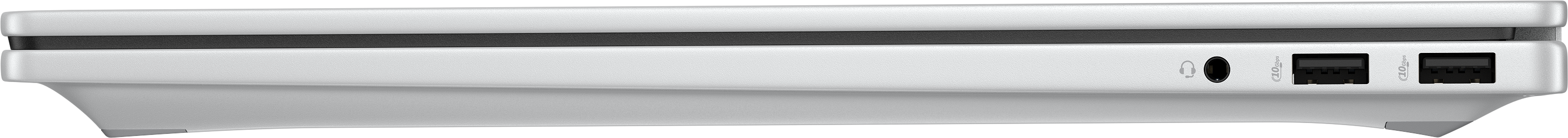 Vista laterale di un dispositivo argentato con porte per cuffie e USB. Sfondo nero.