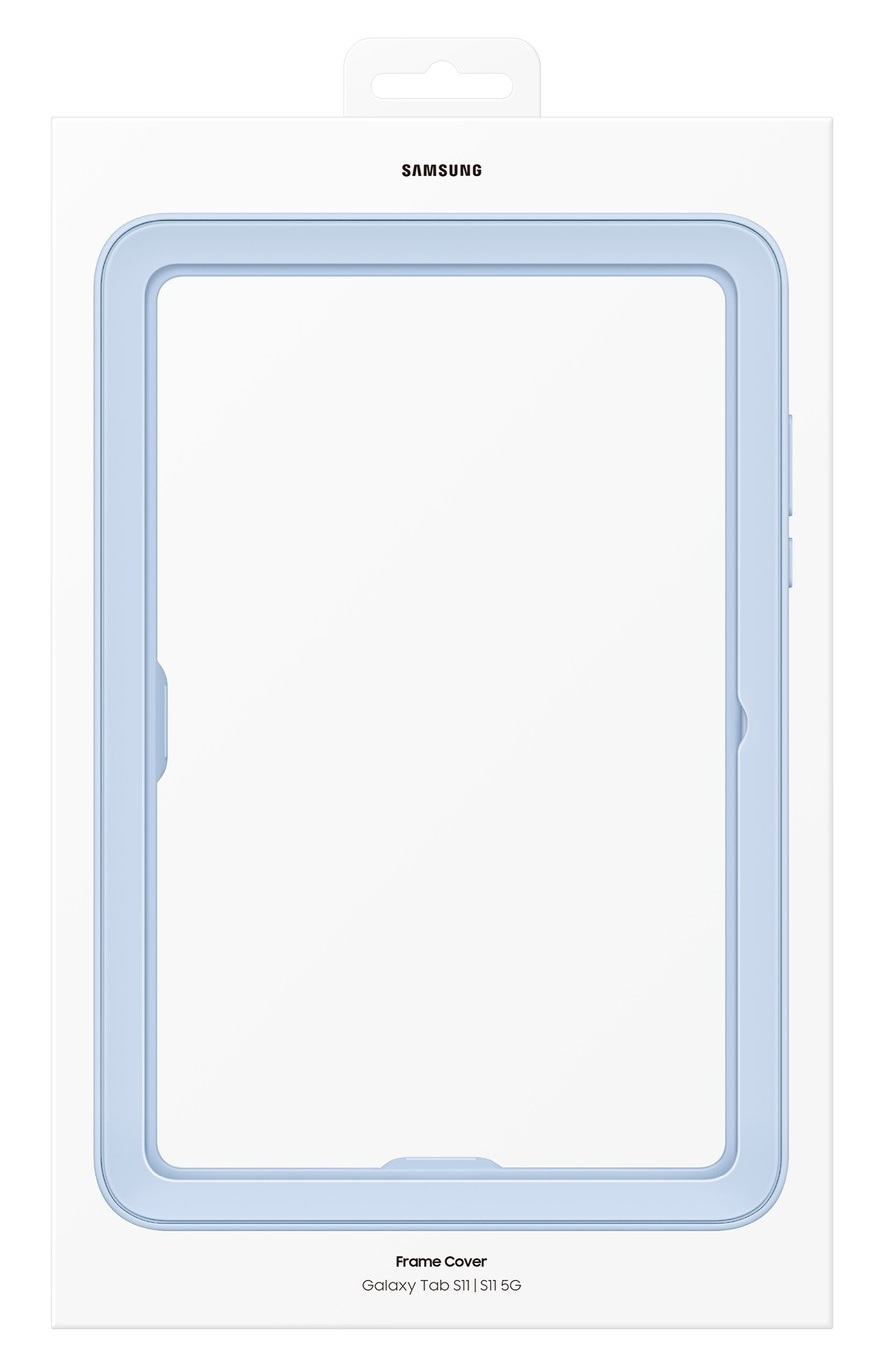 Pudełko z osłoną ramy Samsung Galaxy Tab S11 | S11 5G. Jest białe, z jasnoniebieską osłoną ramy widoczną przez przezroczyste okno.