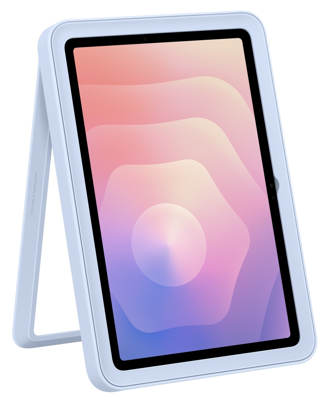 Tablet w jasnoniebieskim etui, podparty. Ekran wyświetla różowy, fioletowy i niebieski gradient.