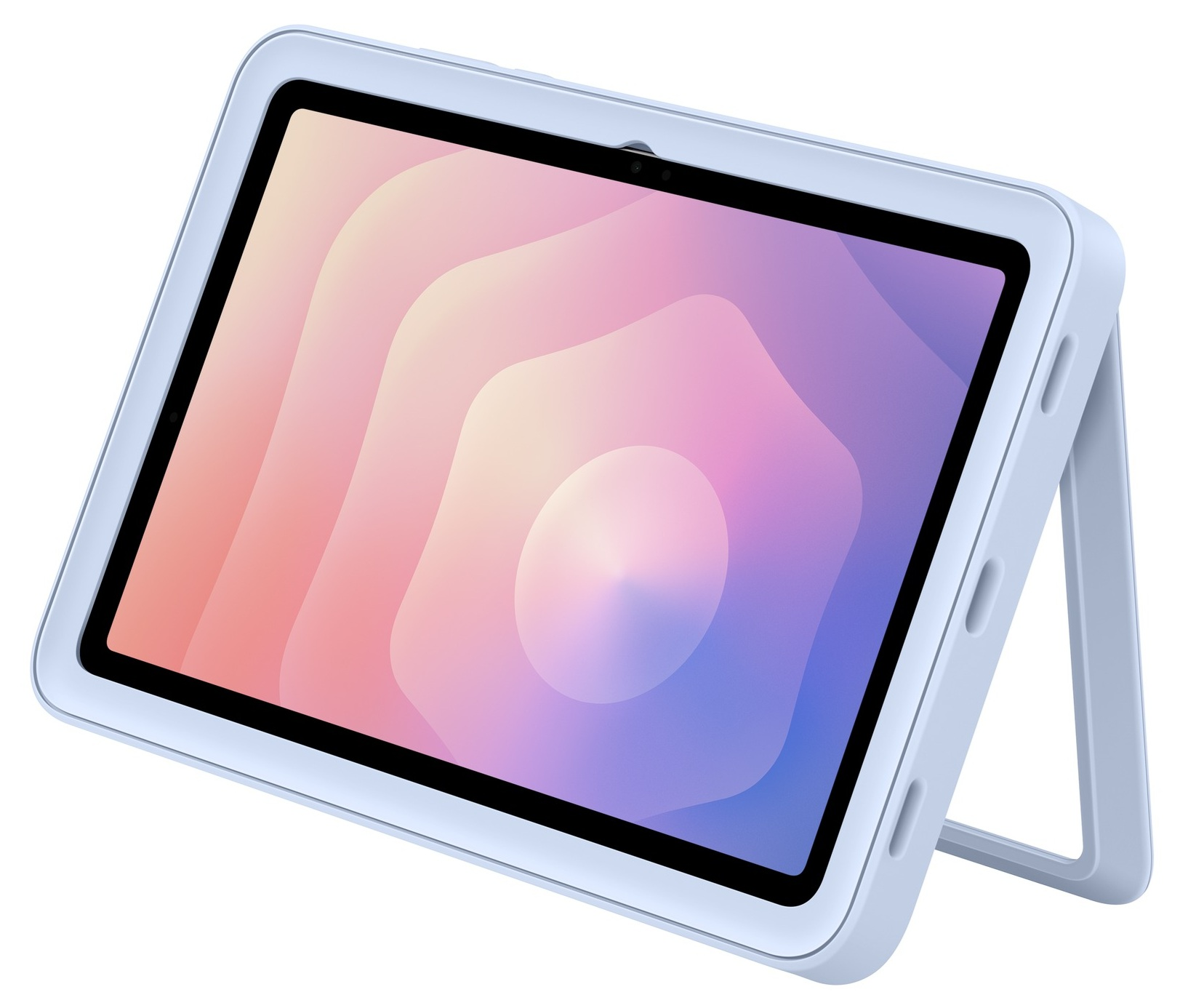 Jasnoniebieski tablet ze stojakiem, wyświetlający abstrakcyjny, kolorowy wzór. Ekran ma czarną obwódkę z przednim aparatem.