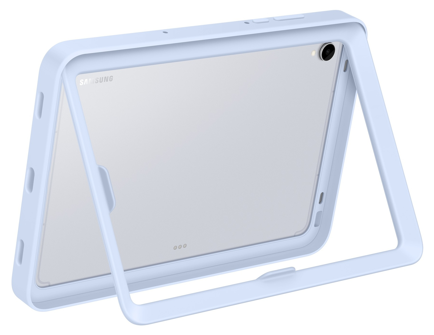 Jasnoniebieski tablet w pasującej ramce z widocznym logo Samsung. Ramka posiada podpórkę.