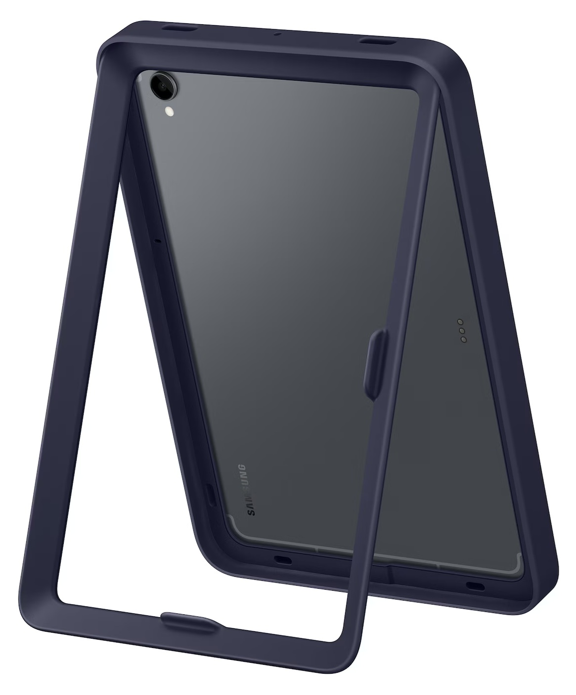 Ciemnoniebieskie etui na tablet z przezroczystym ochraniaczem ekranu jest otwarte. Tablet Samsung widać w środku.