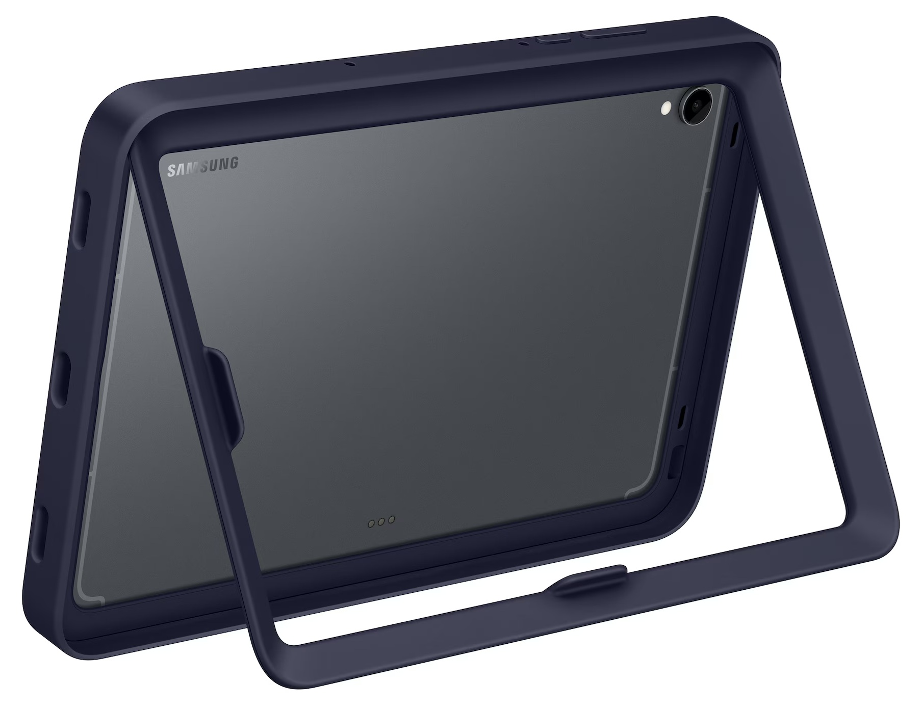 Granatowy tablet w etui ochronnym. Etui ma podstawkę i widoczne jest logo Samsung.