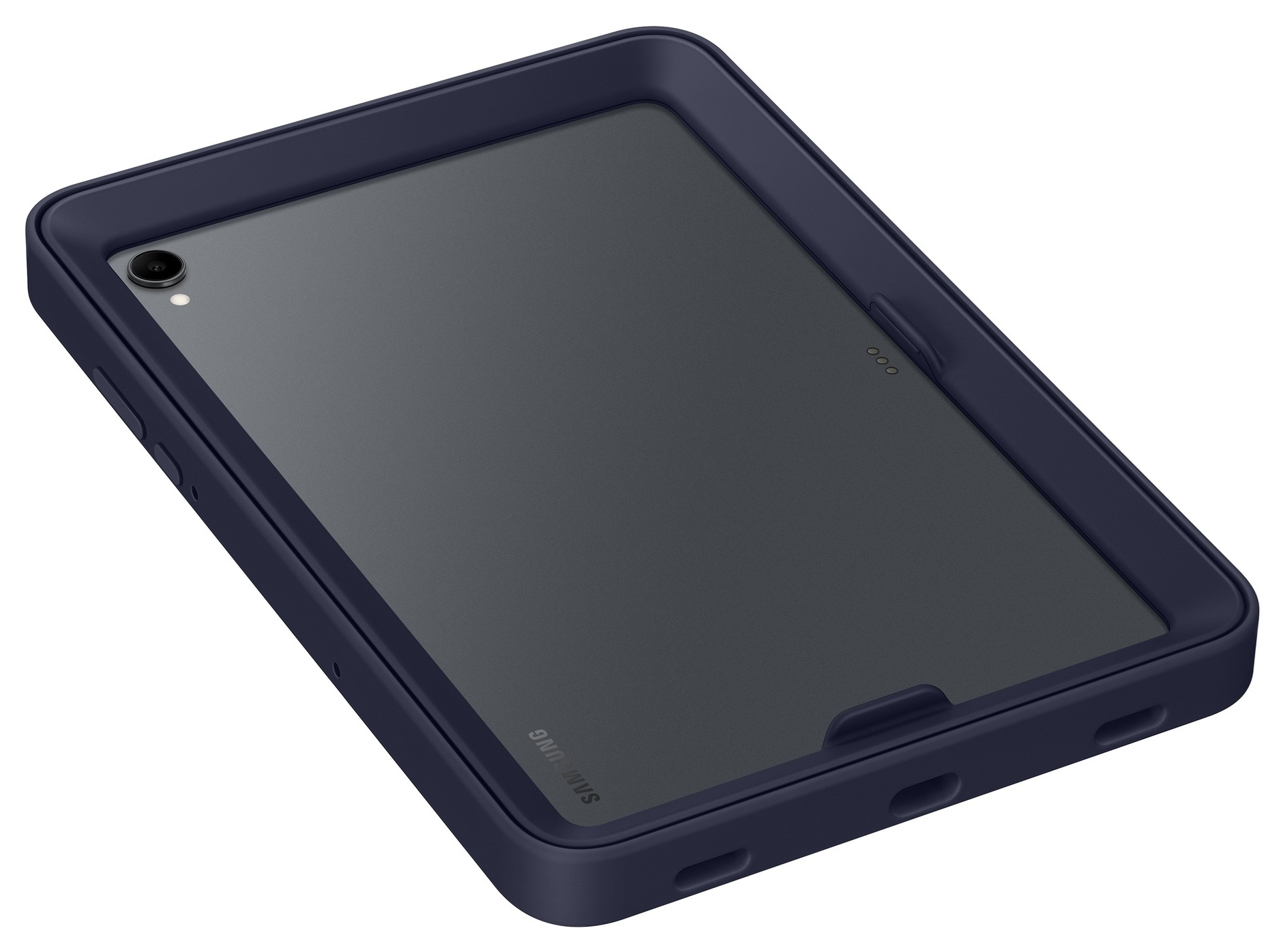 Ciemnoniebieski tablet w pasującym etui. Tablet ma aparat, widoczne jest logo Samsunga.