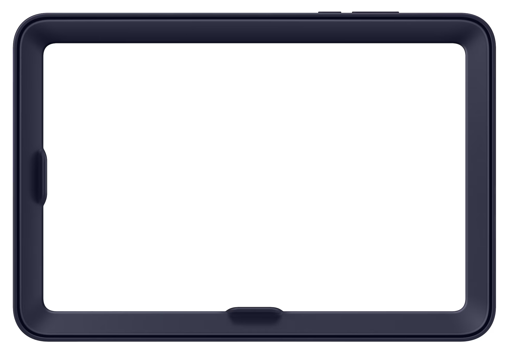 Prostokątna, granatowa ramka z zaokrąglonymi rogami. Wnętrze jest białe, tworząc kontrast. Na górze znajdują się małe przyciski.