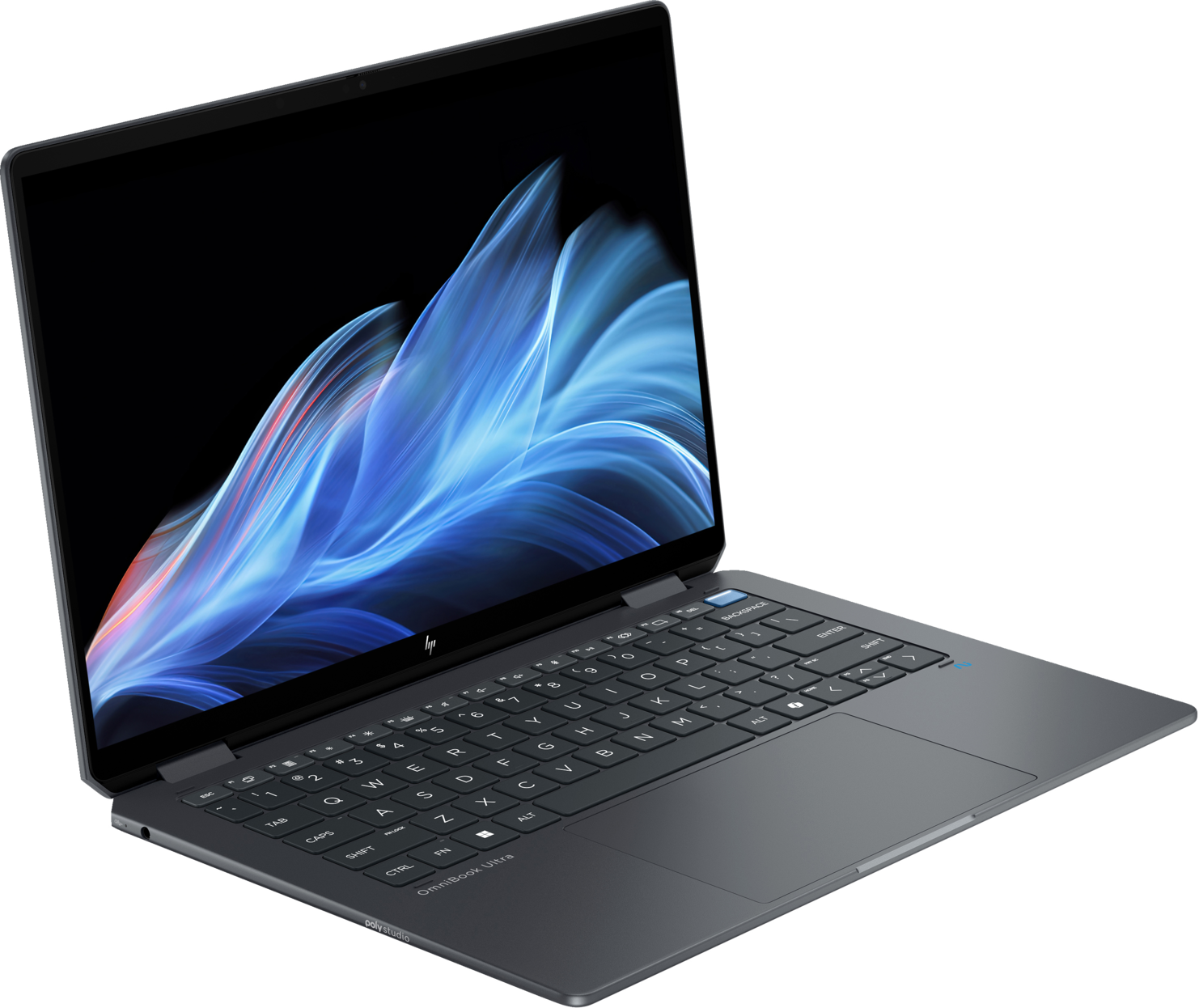 Ein dunkelgraues HP OmniBook Ultra Laptop ist geöffnet. Der Bildschirm zeigt ein blaues und rotes abstraktes Design, die Tastatur ist sichtbar.
