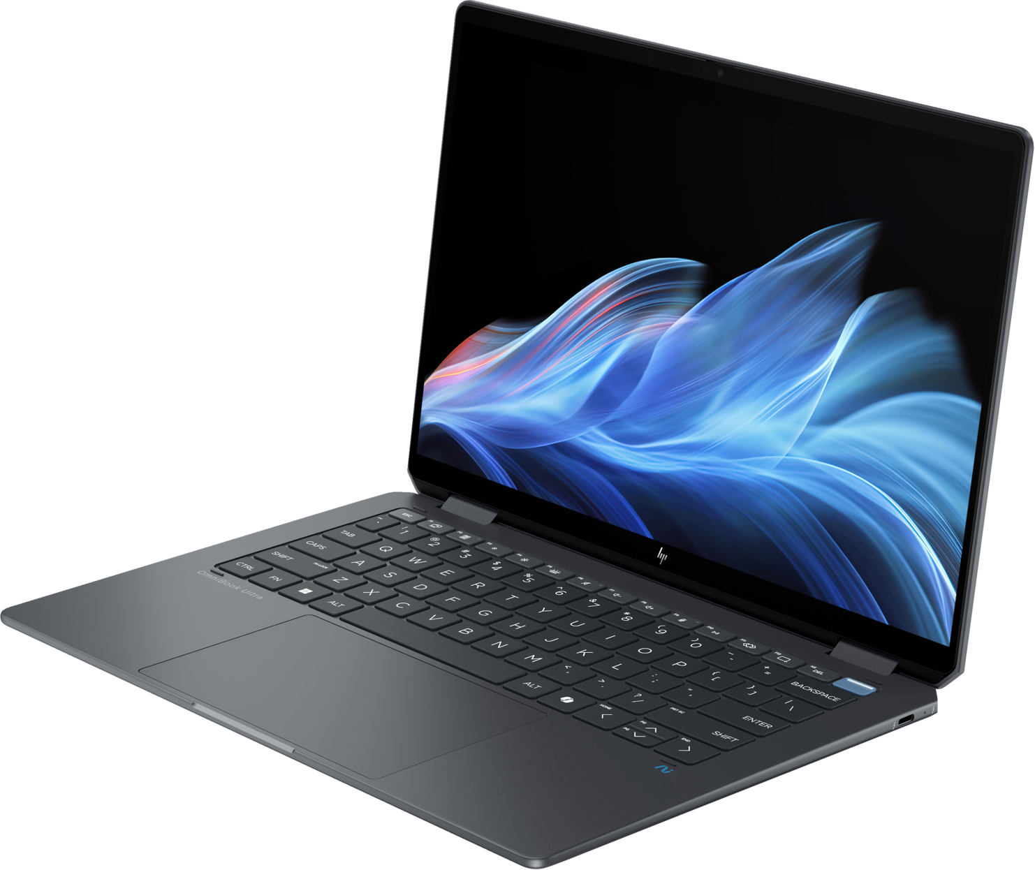 Ein dunkelgrauer HP-Laptop ist geöffnet. Der Bildschirm zeigt blaue und rote abstrakte Kunst. Die Tastatur ist sichtbar, mit Tasten und Touchpad.