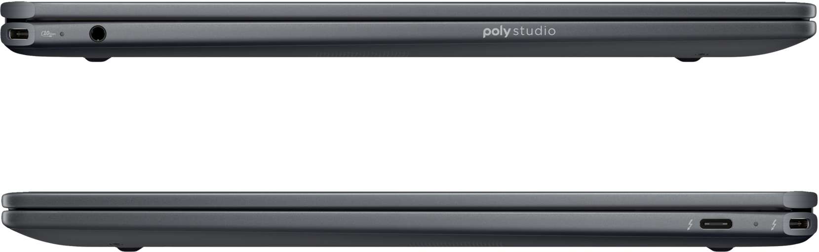 Zwei dunkelgraue Laptops Seitenansichten. Der obere hat Anschlüsse und die Aufschrift 'poly studio'. Der untere hat Anschlüsse. Schwarzer Hintergrund.