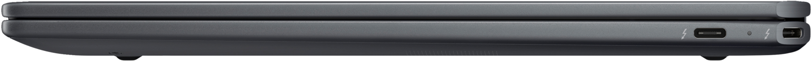 Seitenansicht eines Laptops. Zeigt die Seite mit Anschlüssen, Ober- und Unterseite sind sichtbar. Die Farbe ist Grau.
