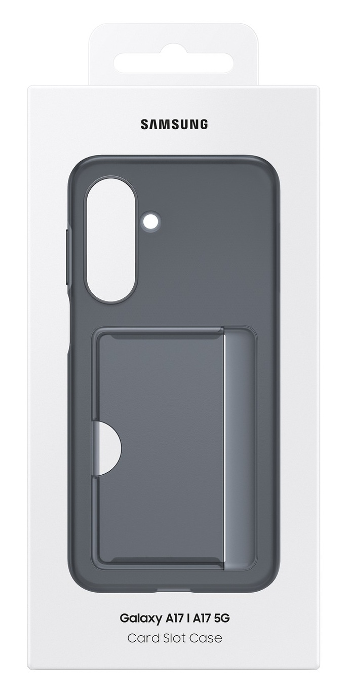 Ciemnoszara obudowa telefonu dla Samsung Galaxy A17/A17 5G, z miejscem na karty, w białym pudełku z napisem 'SAMSUNG'.
