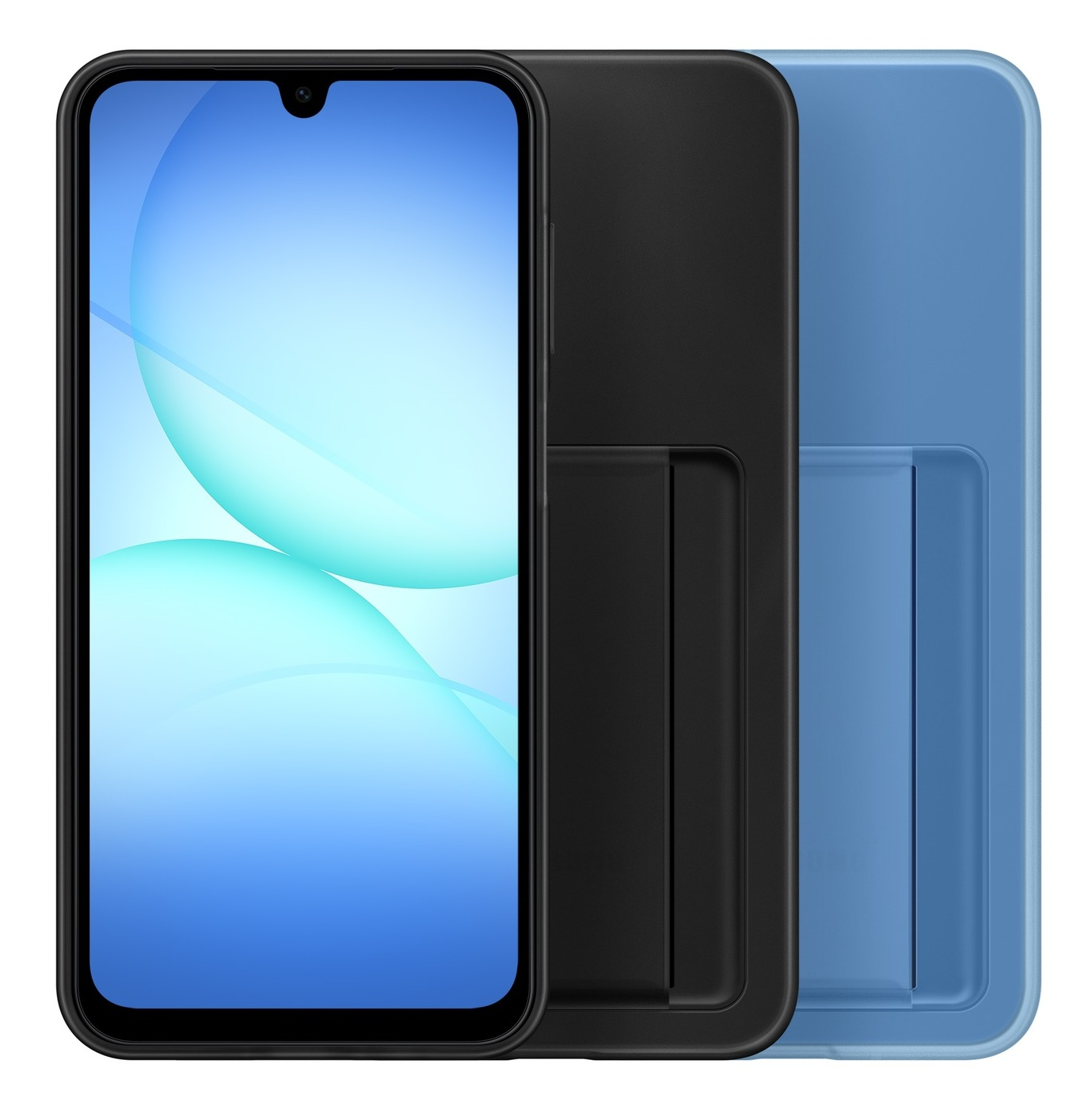 Smartfon z niebieskim ekranem z białymi i jasnoniebieskimi sferami. Jest trzymany w czarnych i jasnoniebieskich etui.