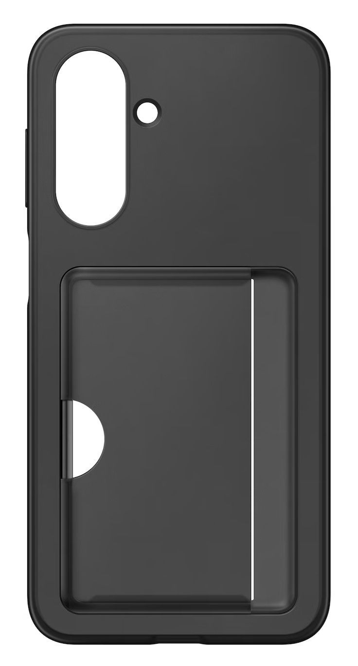 Czarne etui na telefon z wycięciami na aparat i gniazdo na karty. Zawiera okrągły otwór na aparat i drugi na kartę.