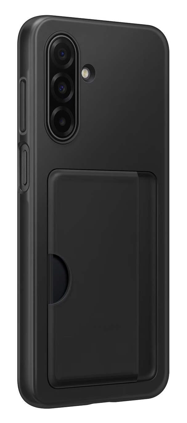 Czarny pokrowiec na telefon z miejscem na karty, potrójnym aparatem i lampą błyskową. Etui jest na białym tle.