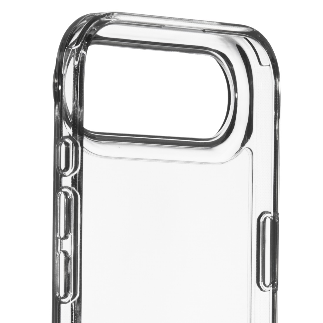 Nahaufnahme einer durchsichtigen Handyhülle. Sie hat abgerundete Ecken, Öffnungen für Knöpfe und Kamera und ein transparentes Design.