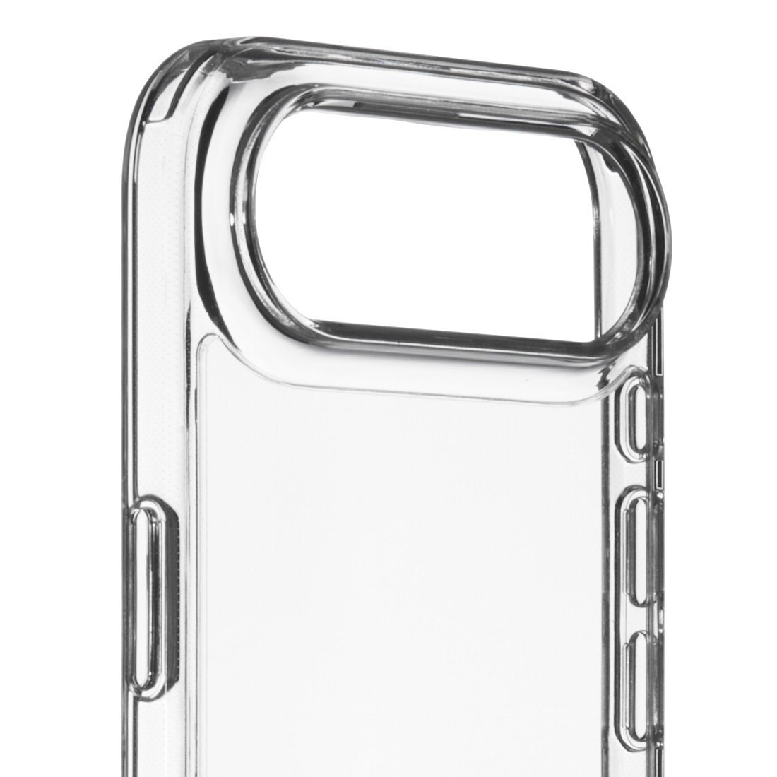 Eine klare, transparente Handyhülle. Sie hat eine offene Oberseite mit abgerundeten Kanten und eine Kameraöffnung.