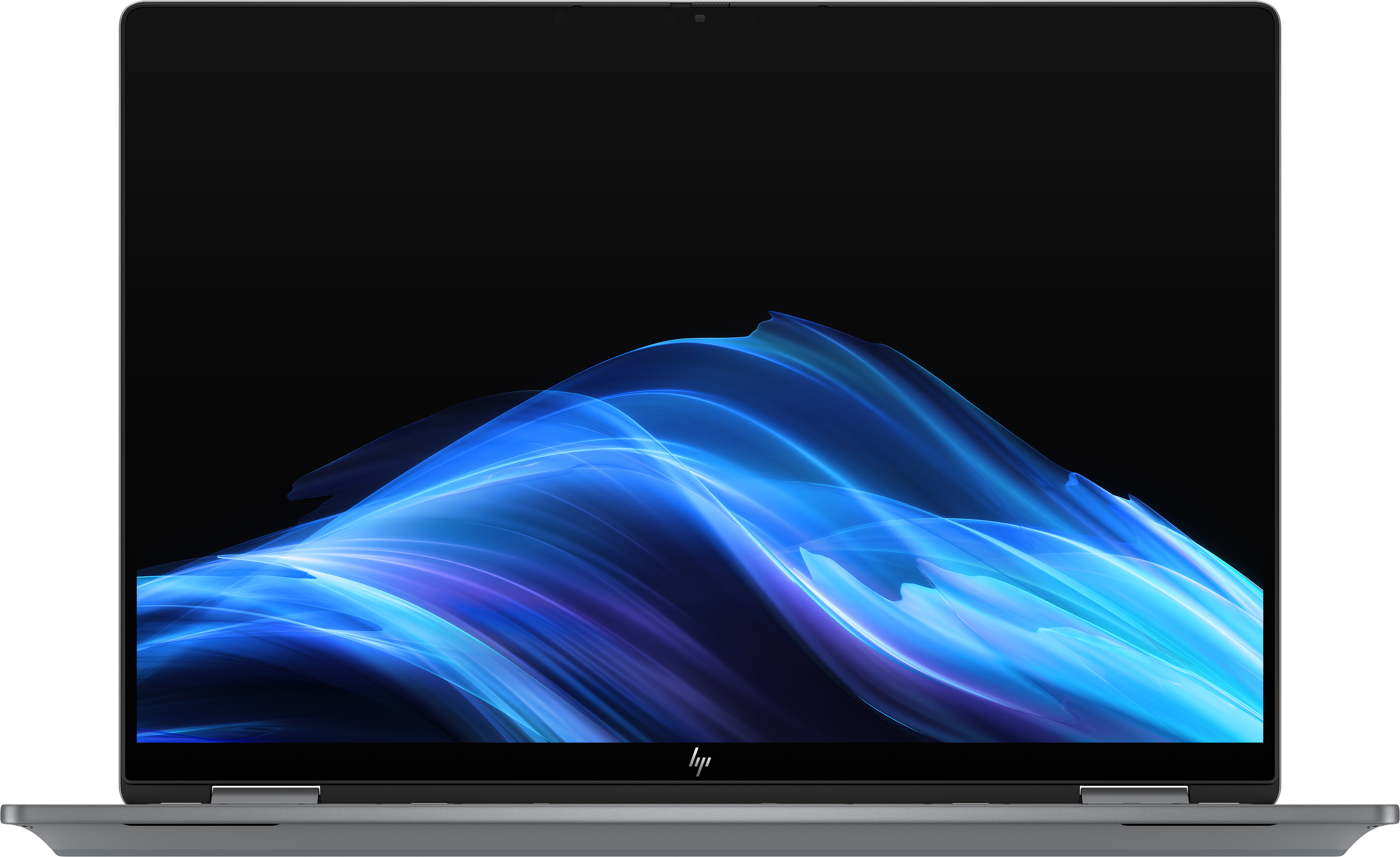 Laptop mit blauem und weißem abstraktem Design auf dem Bildschirm. HP-Logo unten. Dunkler Hintergrund.