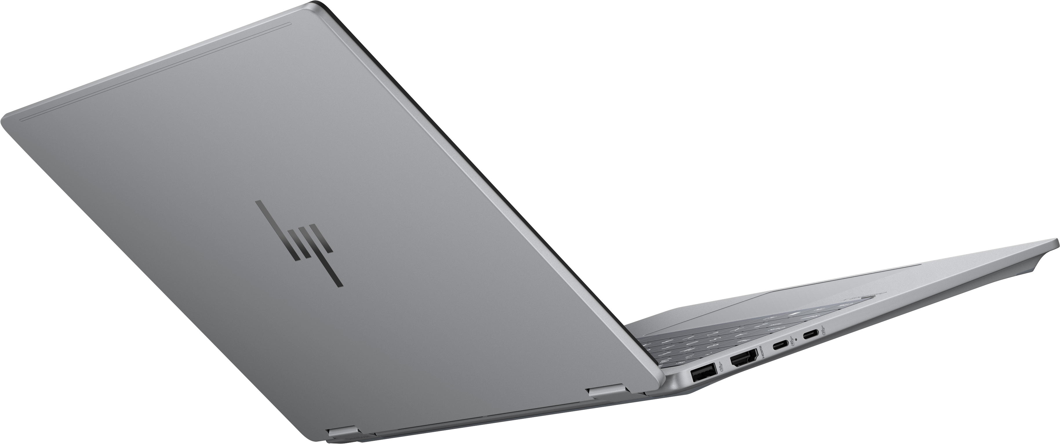 Ein silberner Laptop ist im Winkel geöffnet. Das HP-Logo ist sichtbar. Der Hintergrund ist schwarz.