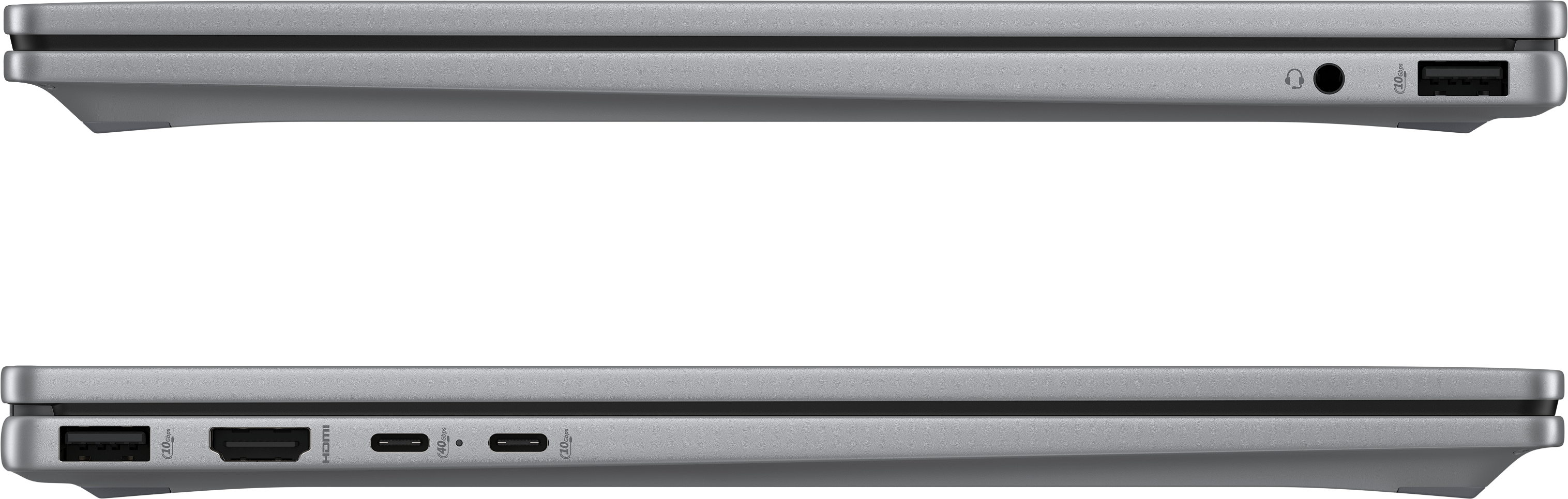 Seitenansicht eines silbernen Laptops. Anschlüsse umfassen USB, HDMI und USB-C. Audioanschluss ist ebenfalls sichtbar. Schwarzer Hintergrund.