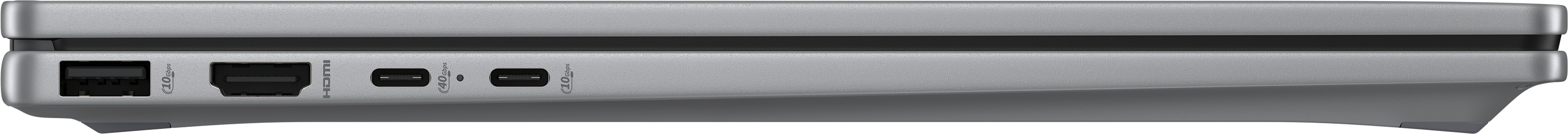 Seitenansicht eines silbernen Laptops mit Anschlüssen: USB, HDMI und USB-C. Schwarzer Hintergrund.