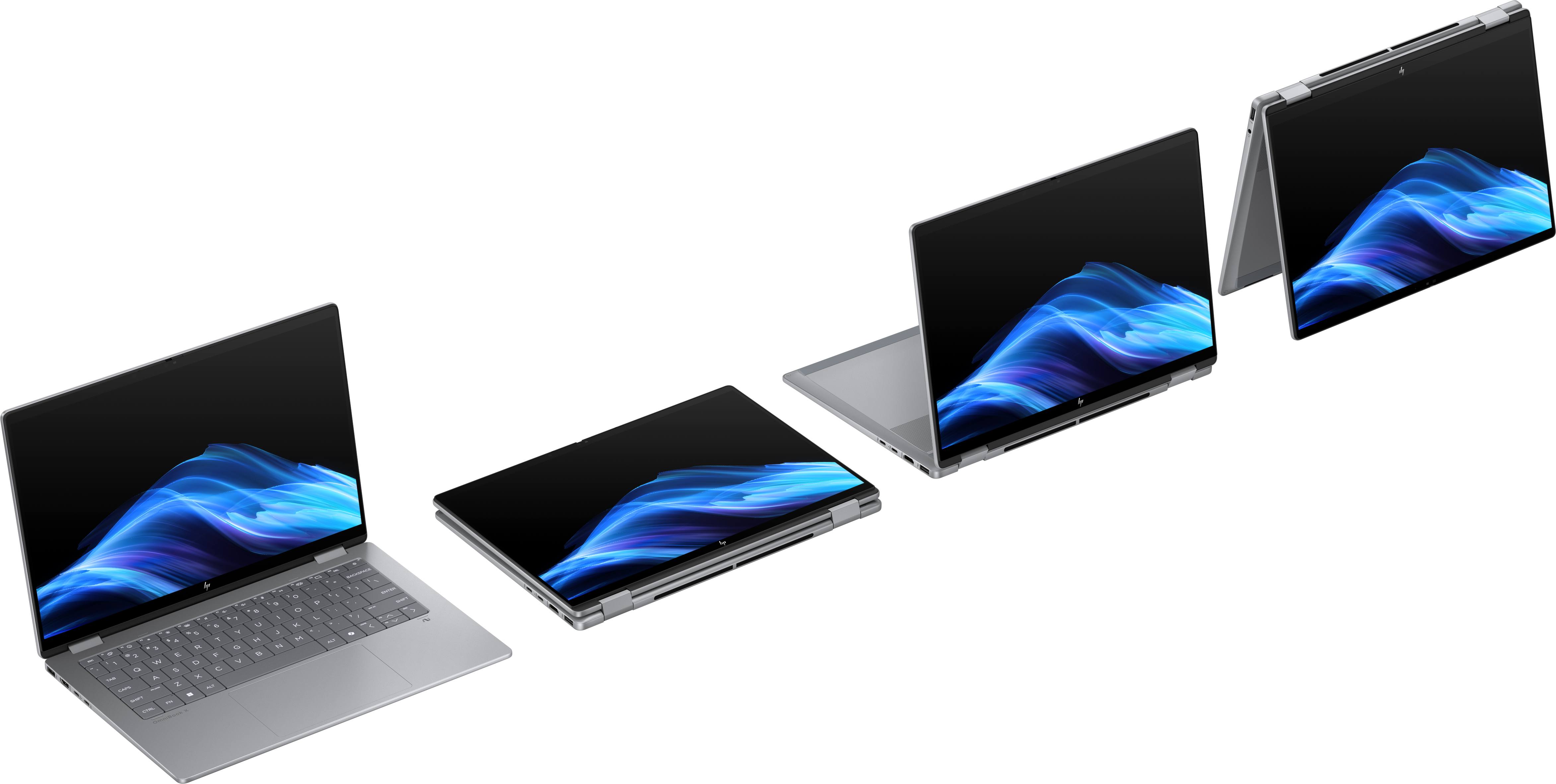 Vier silberne Laptops mit schwarzen Bildschirmen, die blaue und weiße abstrakte Kunst zeigen, auf schwarzem Hintergrund.