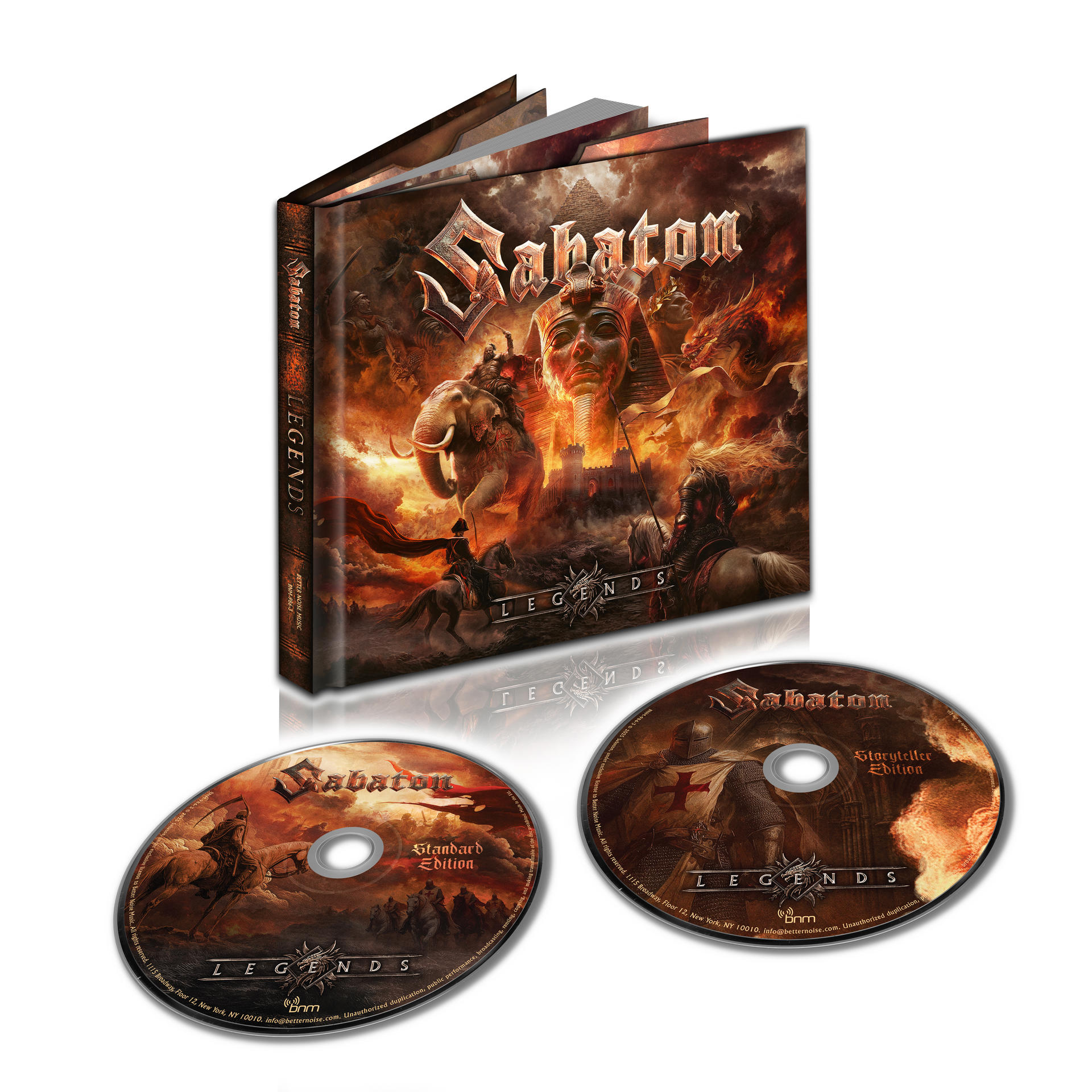 A Sabaton 'Legends' című albumának borítója. Harcosok, fáraók, a zenekar logója és két CD látható.