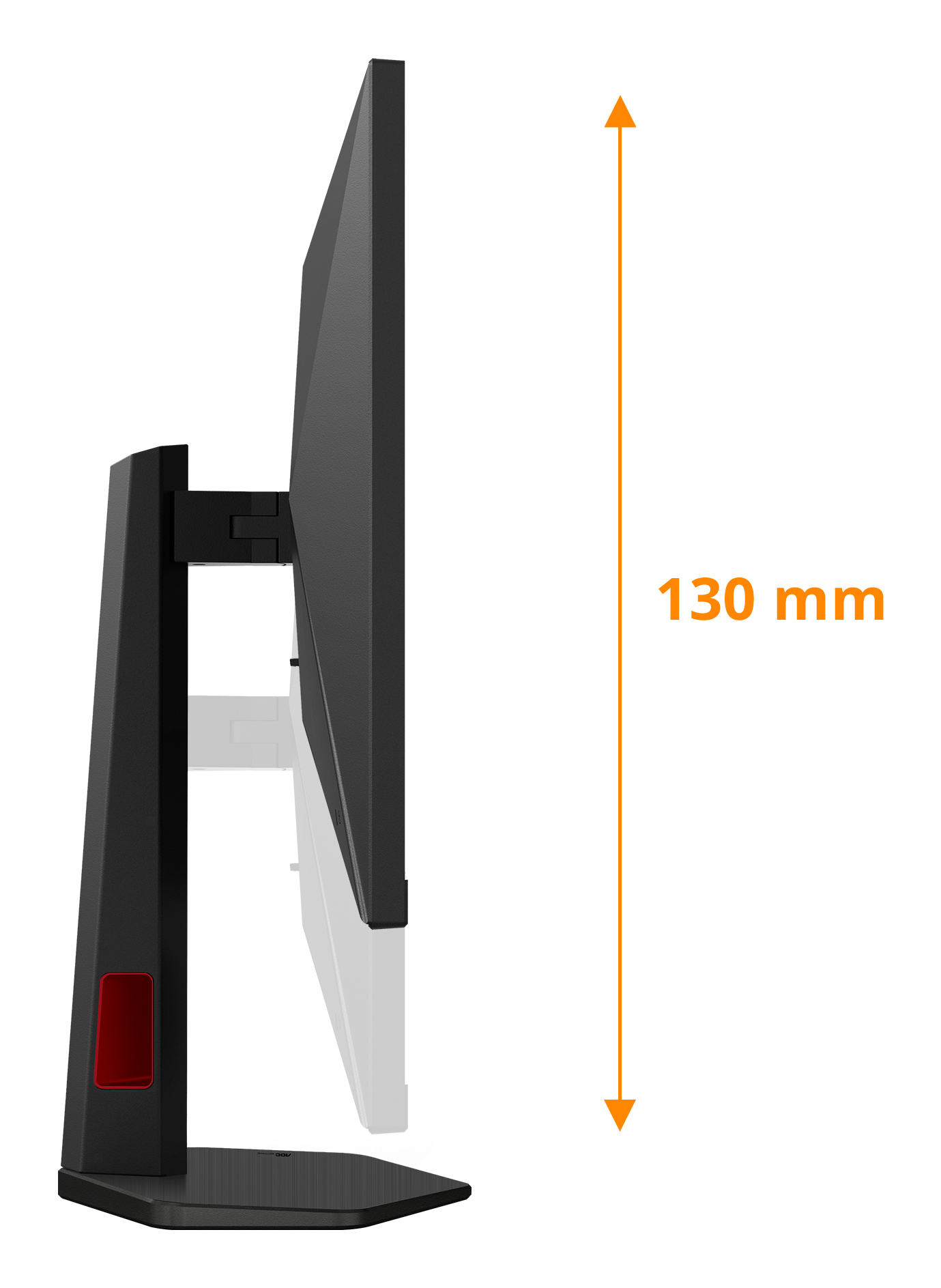 Seitenansicht eines schwarzen Computermonitors. Ein 130 mm Pfeil zeigt die Höhe des Monitors, mit schwarzem Ständer und rotem Akzent.