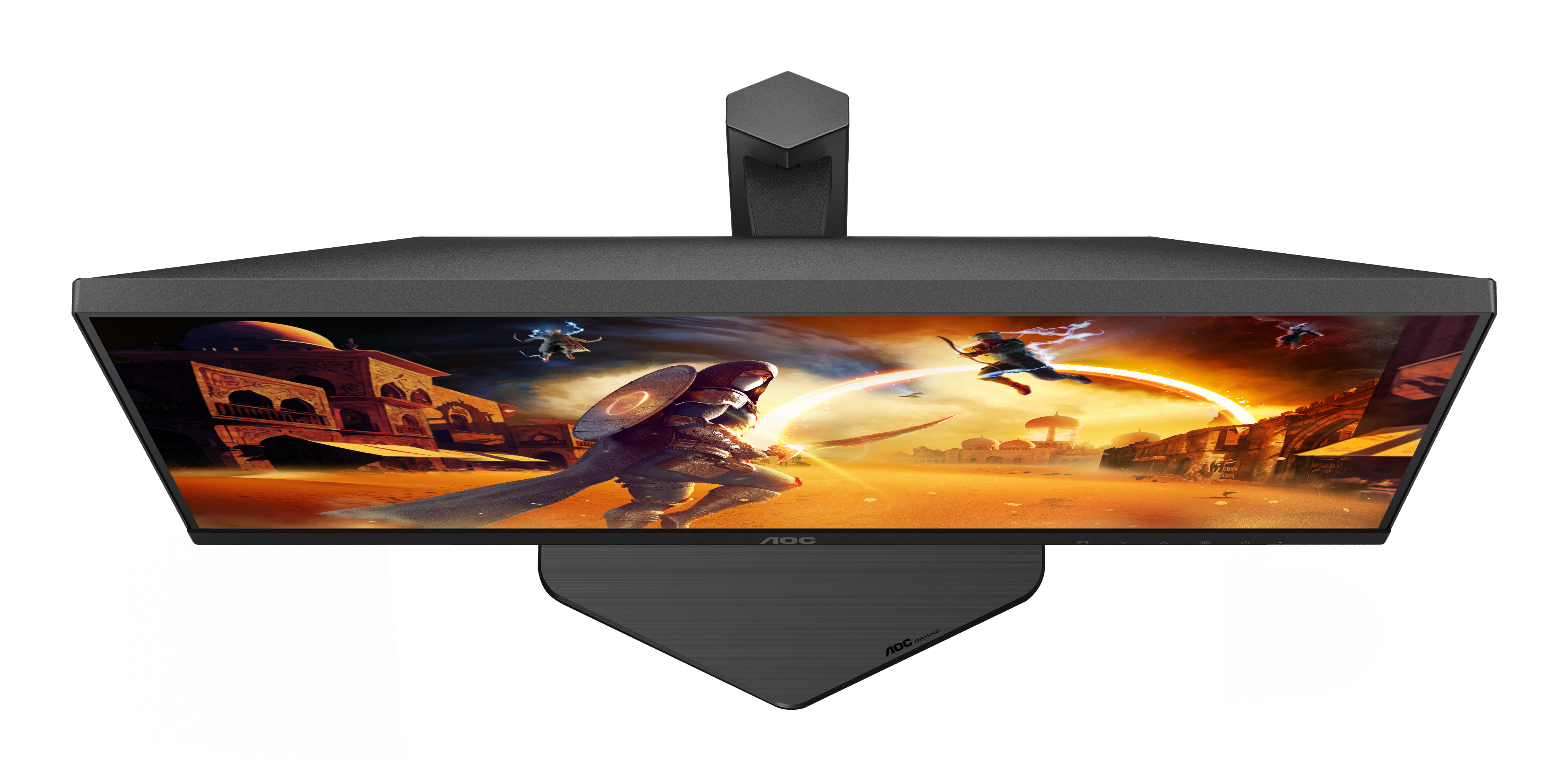 AOC-Monitor mit Spielszene. Die Szene zeigt einen Krieger mit Schild und einen Bogenschützen vor Wüstenhintergrund.