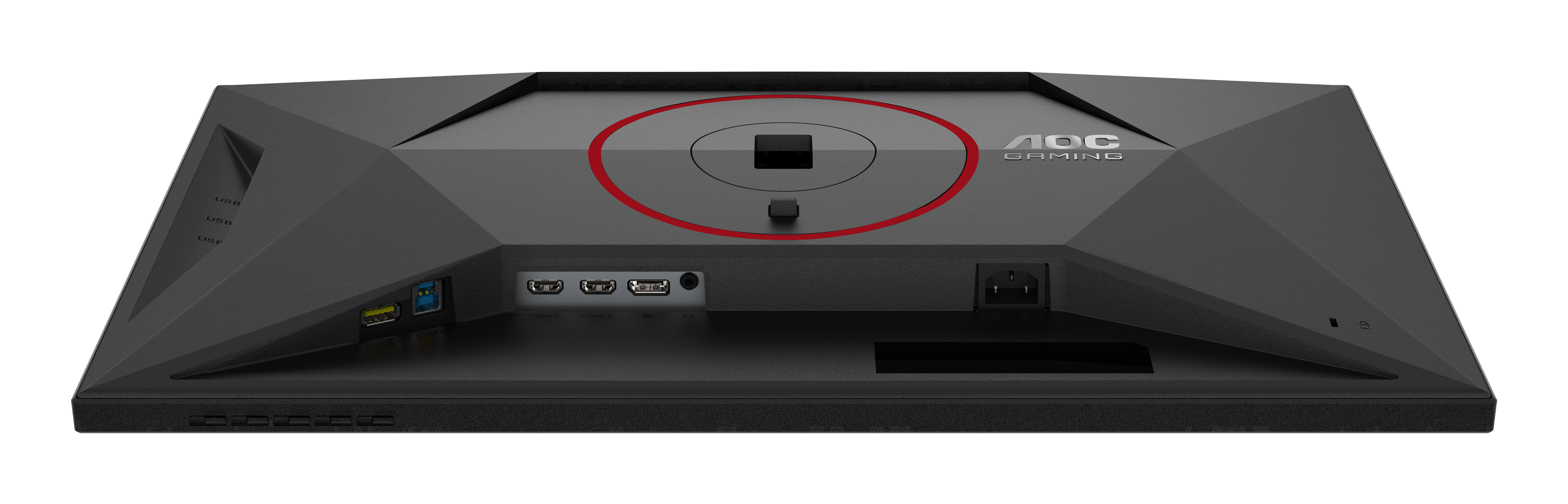 Rückseite eines schwarzen AOC-Gaming-Monitors. Anschlüsse, Stromeingang und AOC-Logo sind sichtbar. Rotes Kreisdetail oben.