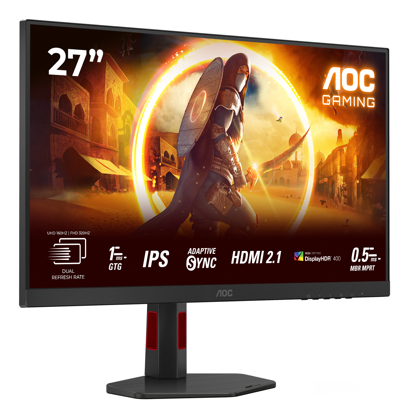 AOC 27" Gaming-Monitor. Eine Kapuzenfigur mit Bogen steht im Mittelpunkt. Display-Spezifikationen: UHD 160Hz, FHD 320Hz, IPS, HDMI 2.1.