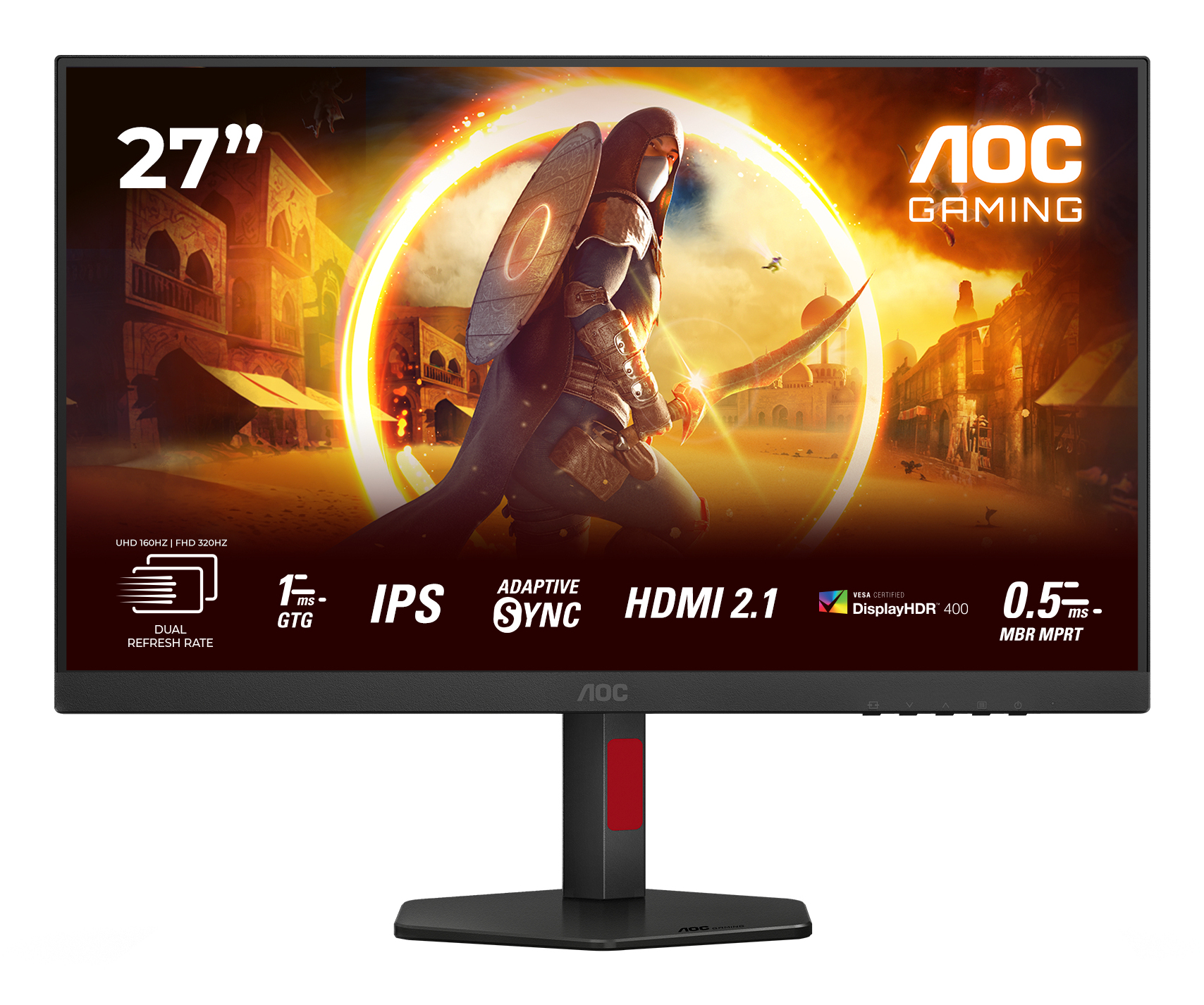 AOC Gaming-Monitor. 27-Zoll-Display mit Krieger-Bild. Merkmale sind HDMI 2.1, IPS und Adaptive Sync. DisplayHDR 400 zertifiziert.