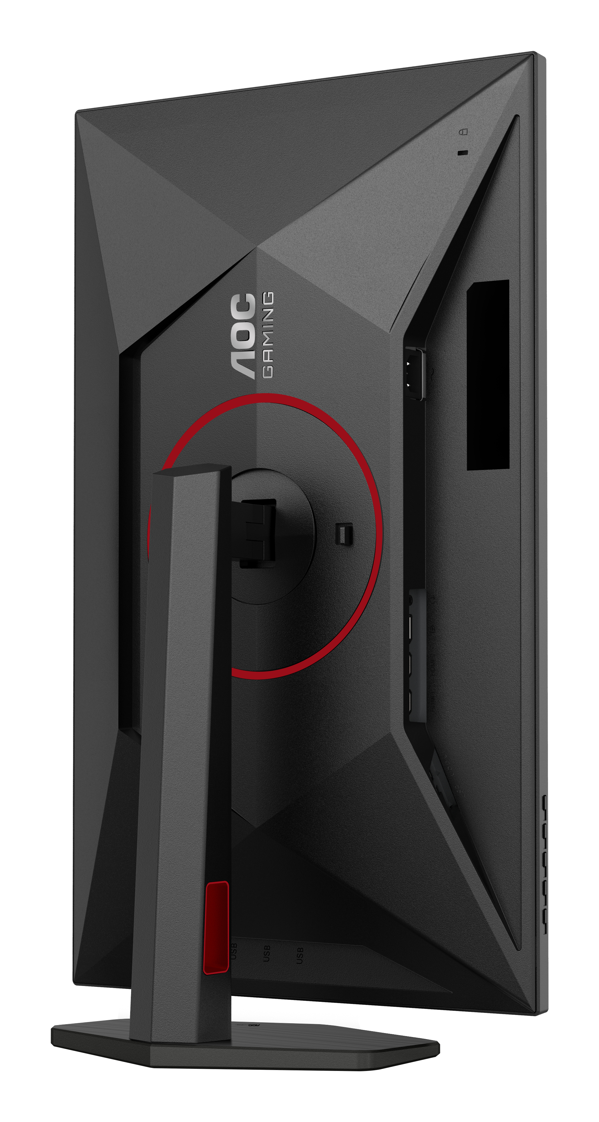 Rückansicht eines schwarzen AOC-Gaming-Monitors. Er hat einen roten Kreis und das AOC Gaming-Logo. Es gibt USB-Anschlüsse.