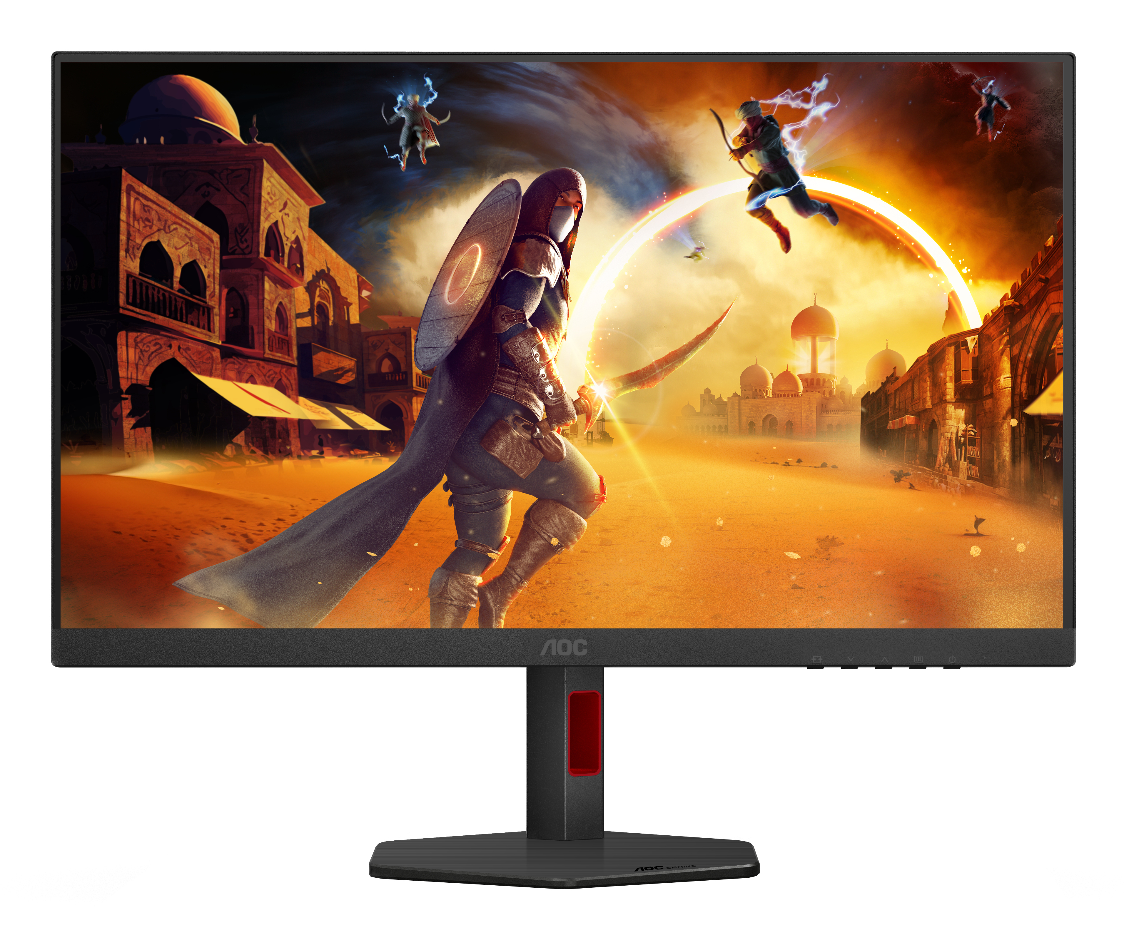 Monitor mit Wüstenlandschaft, verhüllter Figur, Bogenschützen und Gebäuden. AOC-Logo unten.