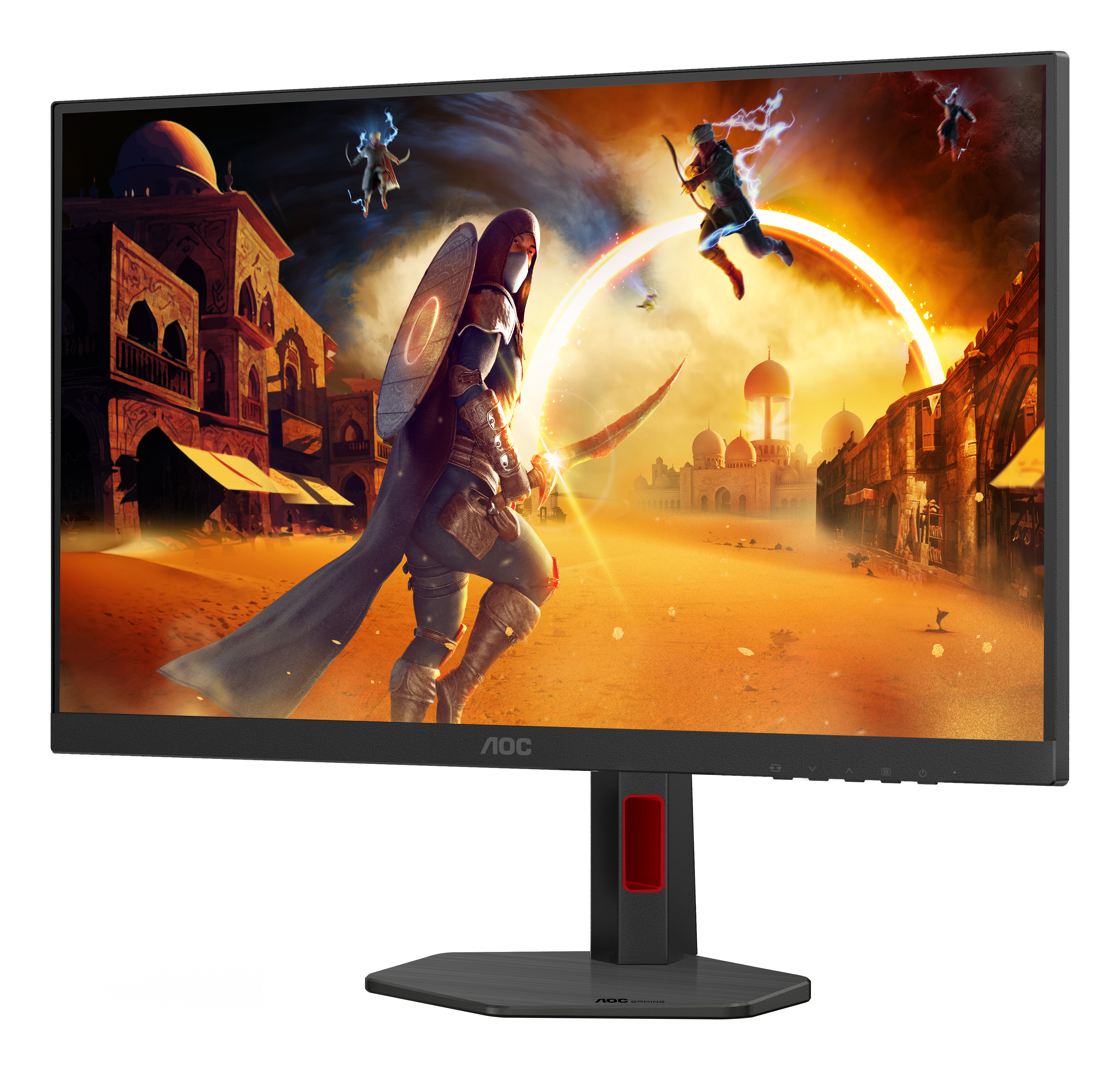 AOC-Monitor mit Fantasy-Szene: Krieger, Bogenschützen, Wüstenstadt. Der Monitor steht vor weißem Hintergrund.