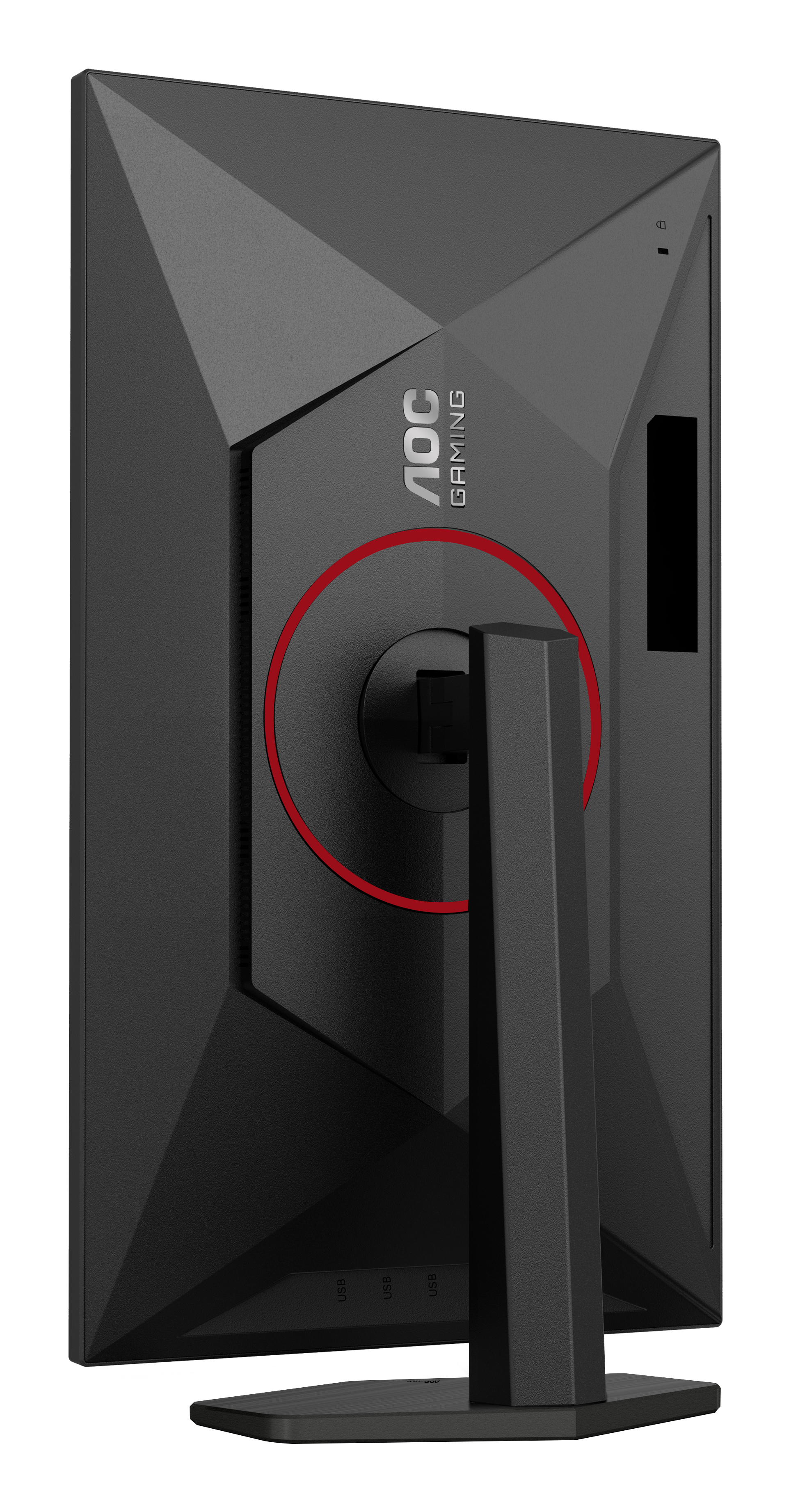 Rückansicht eines schwarzen AOC-Gaming-Monitors. Er hat einen roten Ring um die Halterung. USB-Anschlüsse sind unten sichtbar.