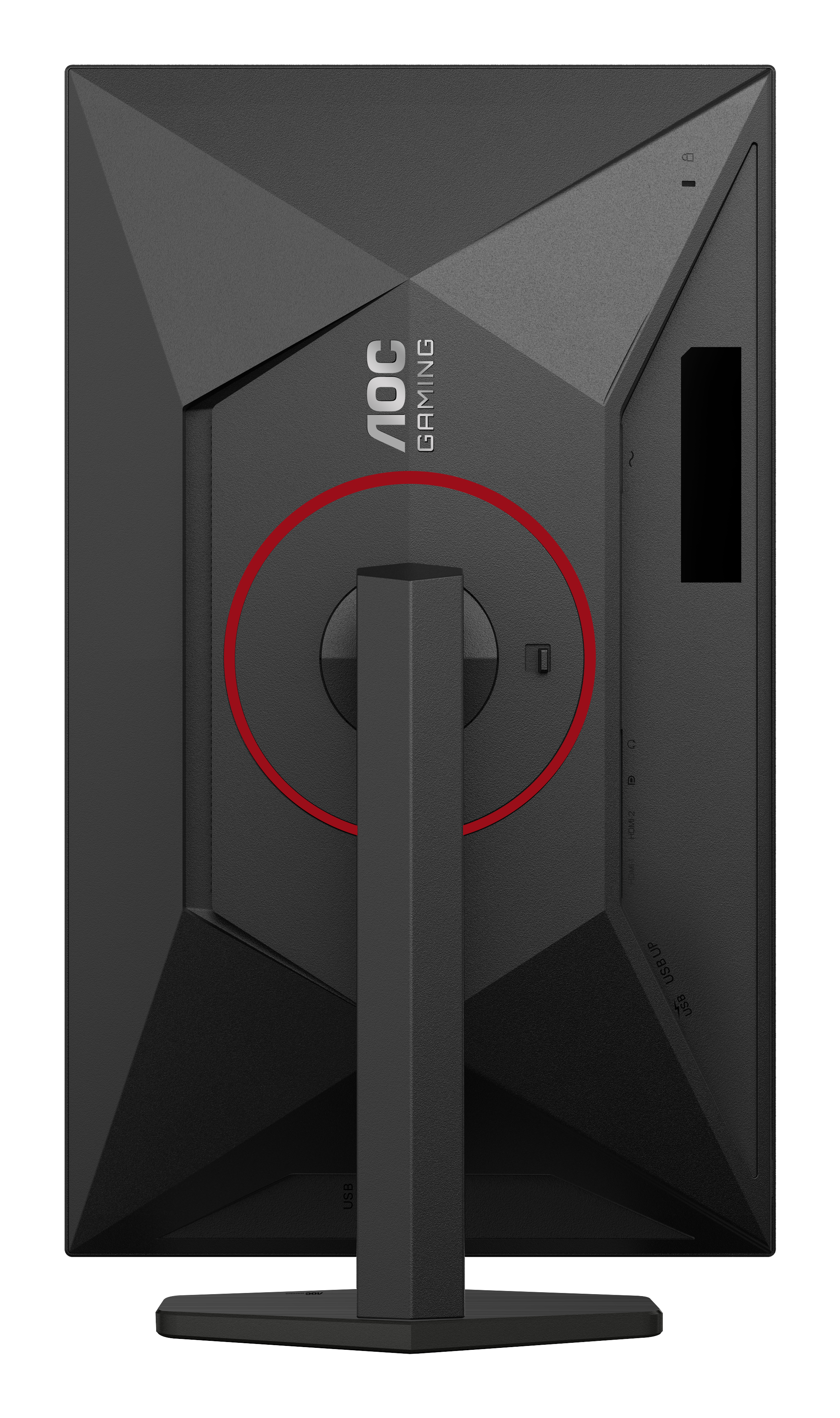 Rückseite eines schwarzen AOC-Gaming-Monitors. Hat einen roten Ring um den Ständeranschlussbereich. Anschlüsse und Logos sind sichtbar.