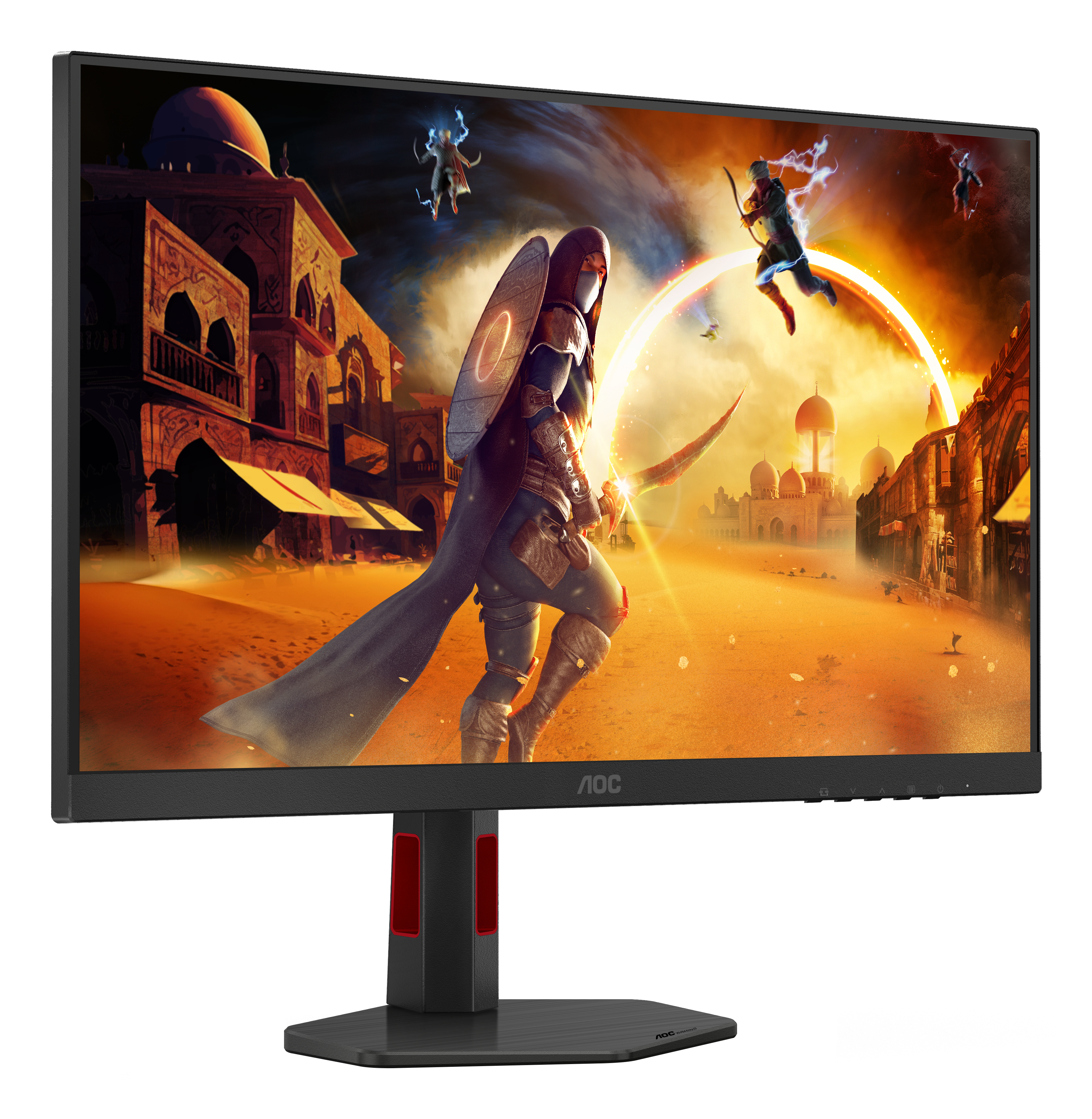 Monitor zeigt eine Fantasieszene mit einem Krieger, Bogenschützen und Gebäuden in einer Wüstenlandschaft.
