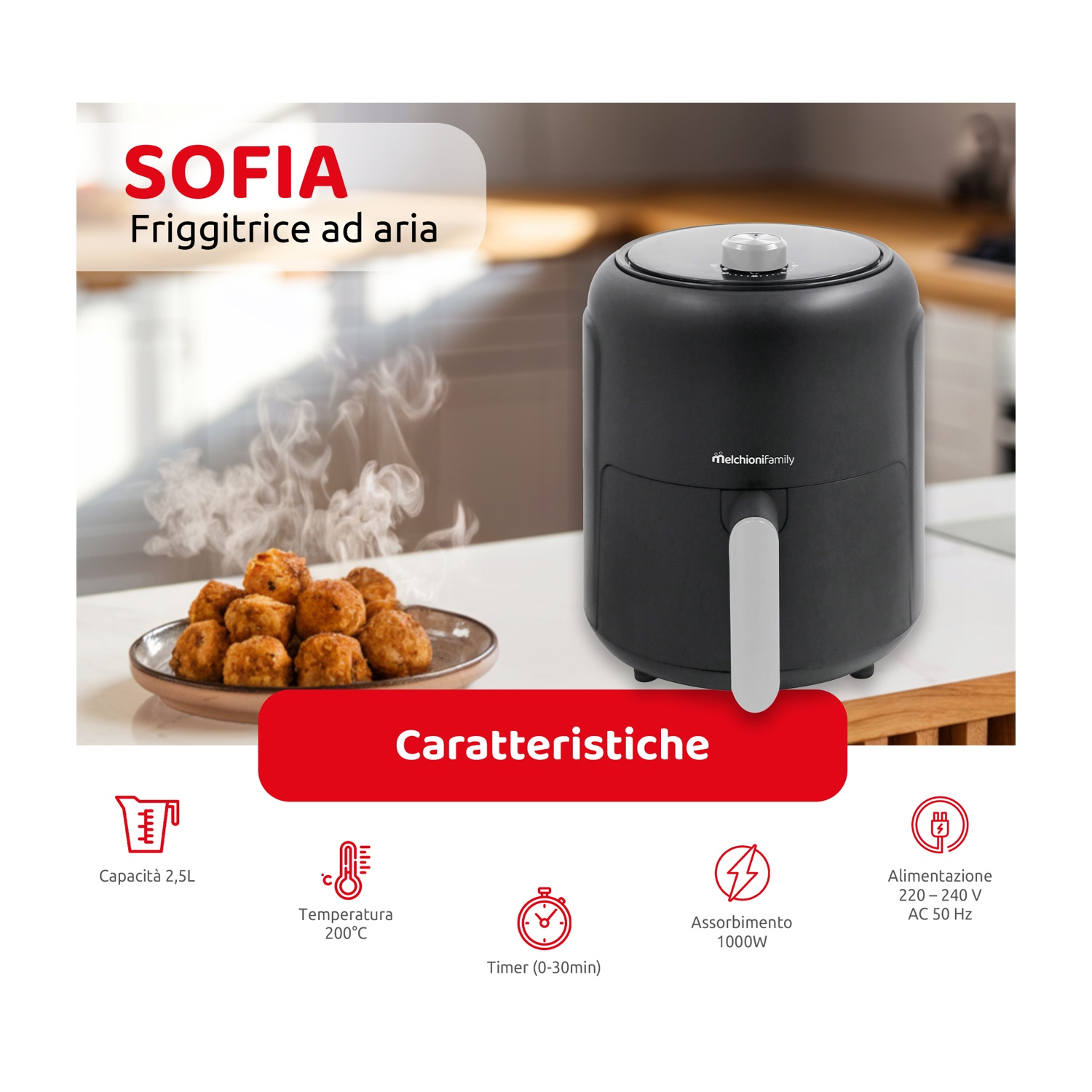 Una friggitrice ad aria chiamata Sofia è su un tavolo, con cibo fritto su un piatto. Le caratteristiche sono visualizzate di seguito.