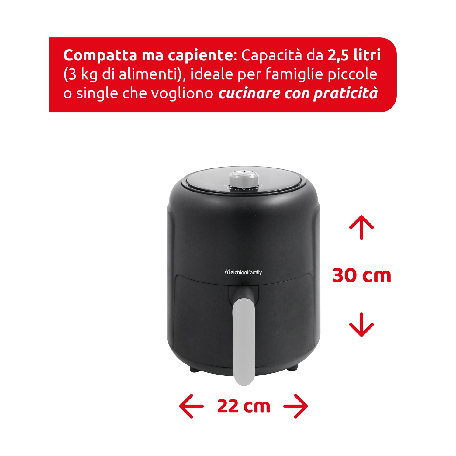 Una friggitrice ad aria nera con misure. Il testo in alto descrive la sua capacità. È visibile una maniglia. Dimensioni: 22cm x 30cm.