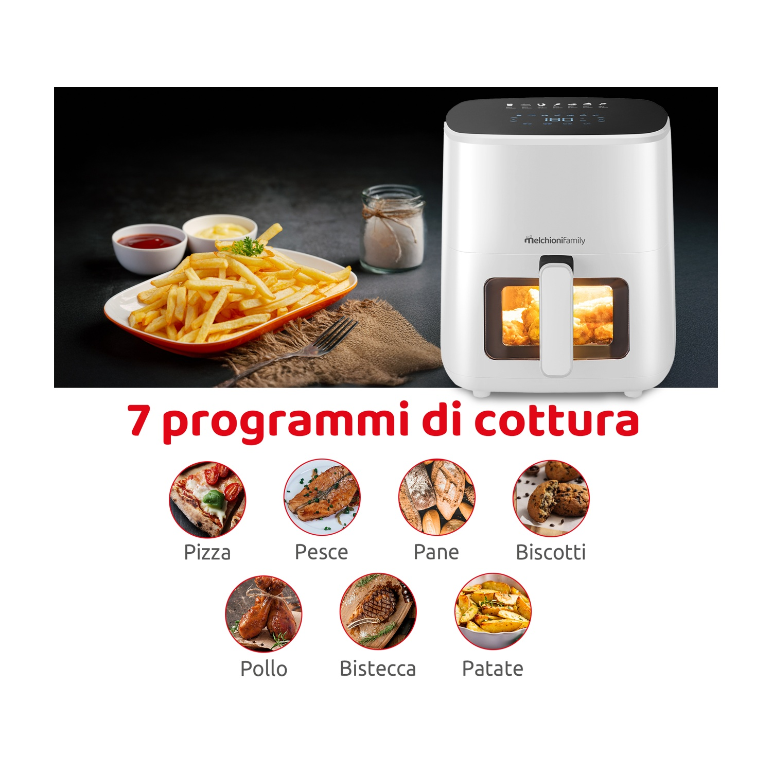 Una friggitrice ad aria con patatine fritte, salse e icone dei programmi di cottura. La friggitrice è bianca e le icone raffigurano pizza, pesce e altri cibi.